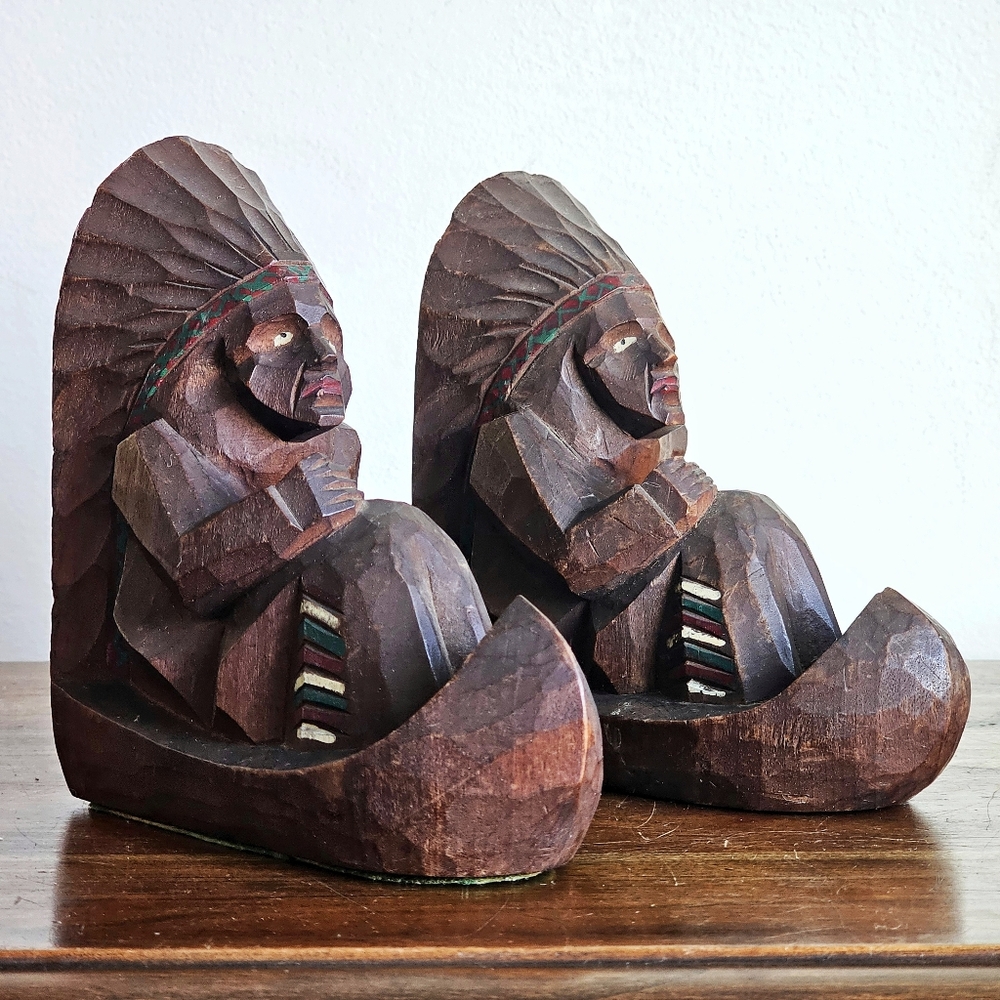Handcarved Wooden Native Style Tribal Chief Bookends Rustic Southwest Lodge Deco